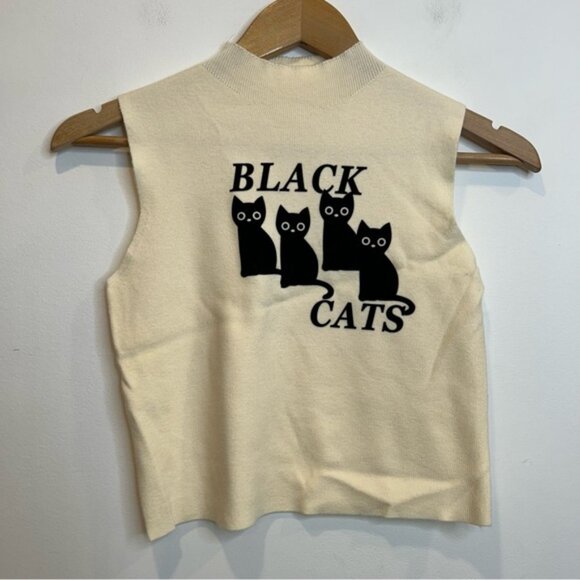 Black Cats Mock Neck Sleeveless Sweater Cream - Picture 2 of 4
